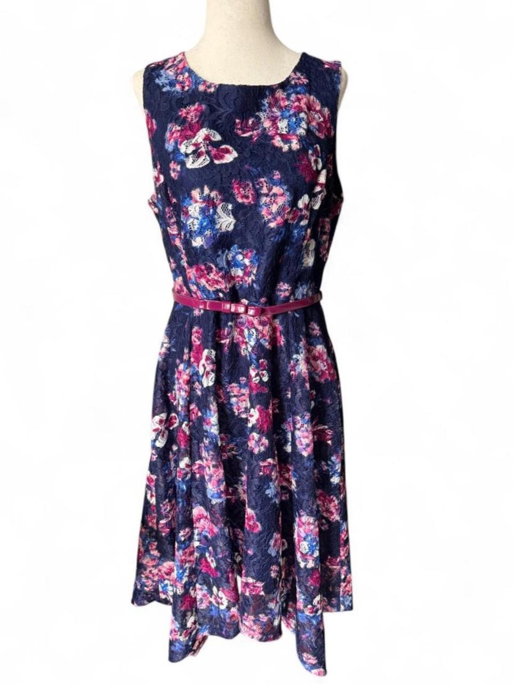 Elle Navy Floral Midi Dress with Pink Accents